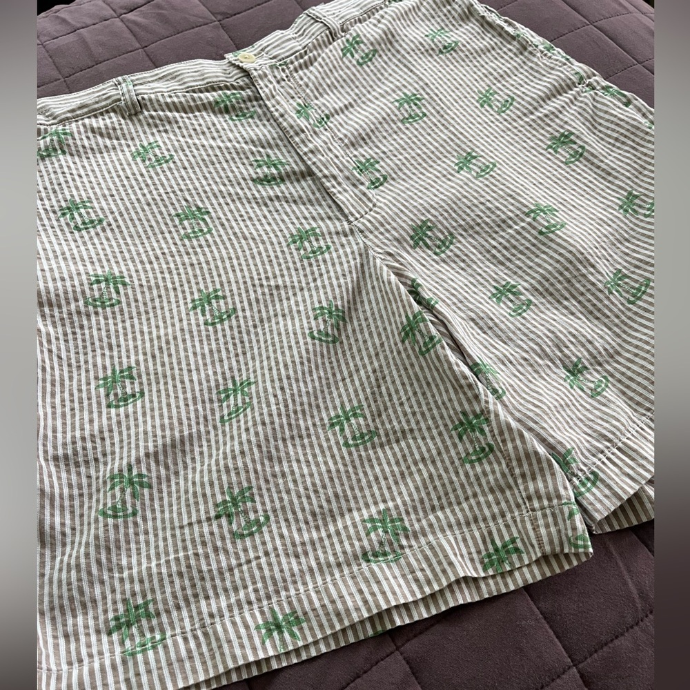 Vineyard Vines Linen Blend Club Shorts Brown White Striped Palm Trees Size 34 - Picture 2 of 10